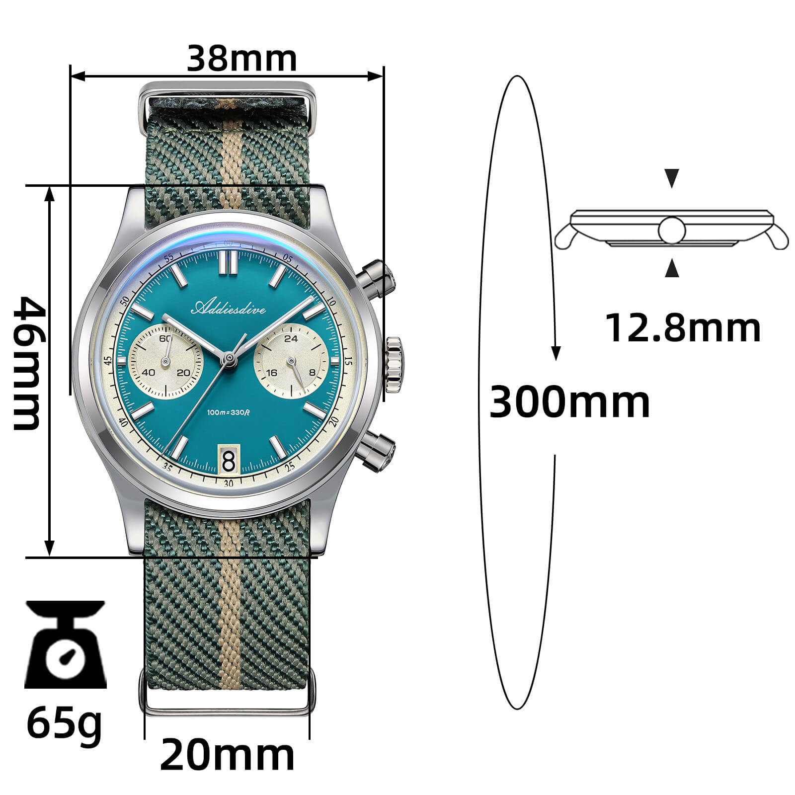 ★India Warehouse★ADDIESDIVE 38mm VK64 Chronograph Watch AD2095
