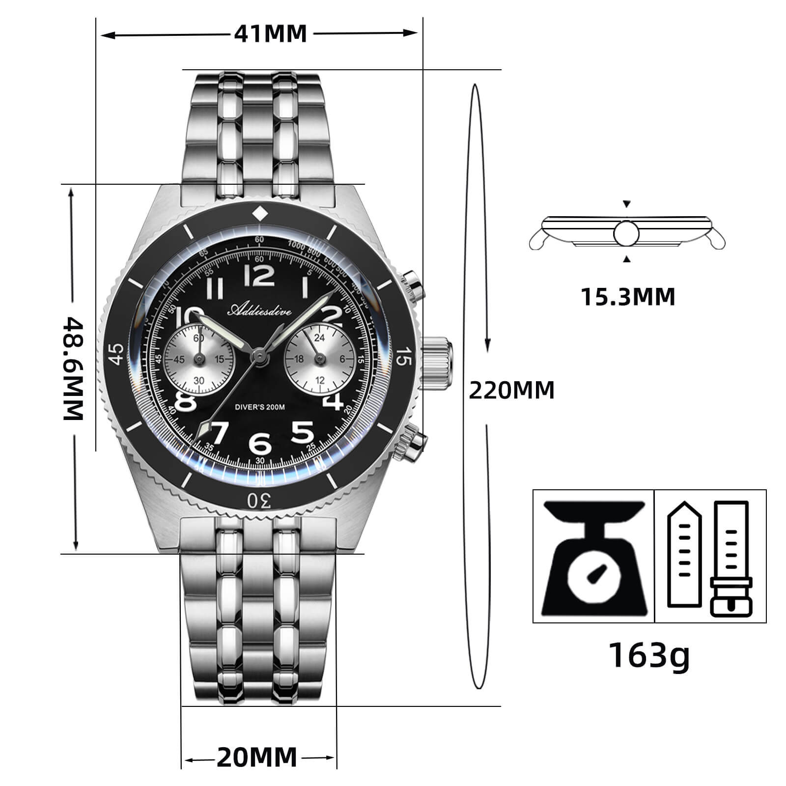 EU Warehouse-ADDIESDIVE 41mm Panda Dial Quartz Chronograph Watch VK64(AD2034)