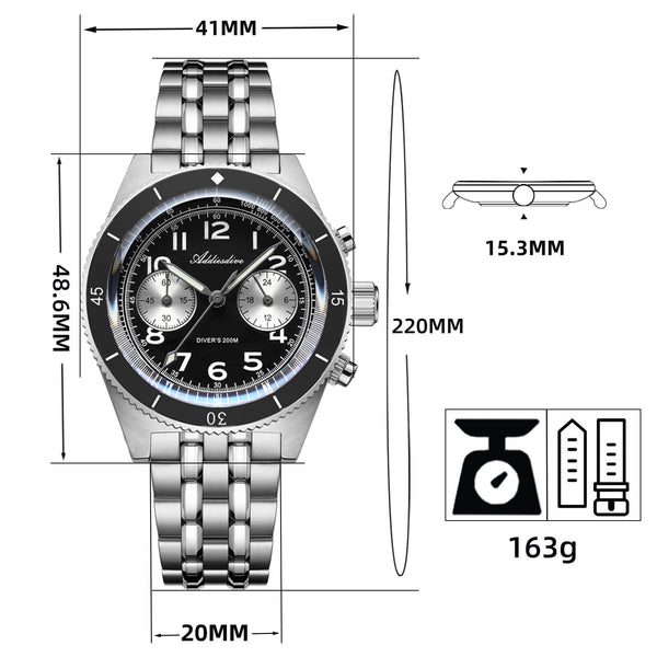 EU Warehouse-ADDIESDIVE 41mm Panda Dial Quartz Chronograph Watch VK64(AD2034)