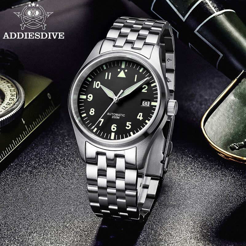 <Sterile Version>ADDIESDIVE® Black Dail Elegant Men Automatic Watch Diver 200M (H2)
