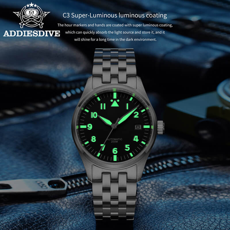 <Sterile Version>ADDIESDIVE® Black Dail Elegant Men Automatic Watch Diver 200M (H2)