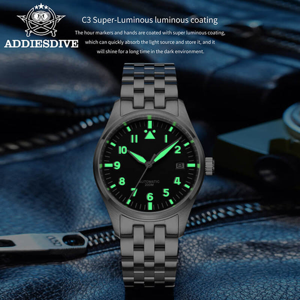 <Sterile Version>ADDIESDIVE® Black Dail Elegant Men Automatic Watch Diver 200M (H2)