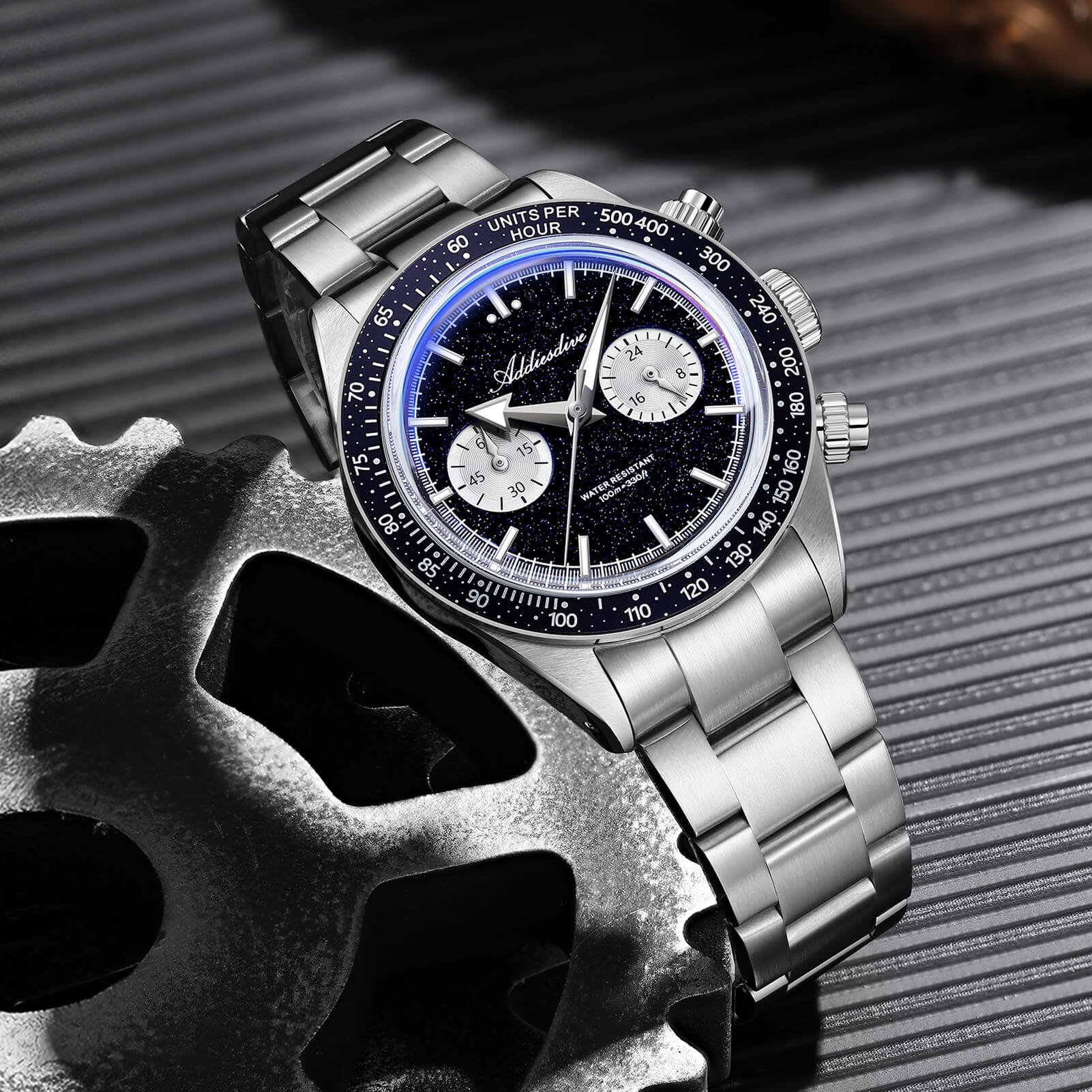 ADDIESDIVE 40mm Blue Goldstone Dial VK64 Chronograph Watch AD2558