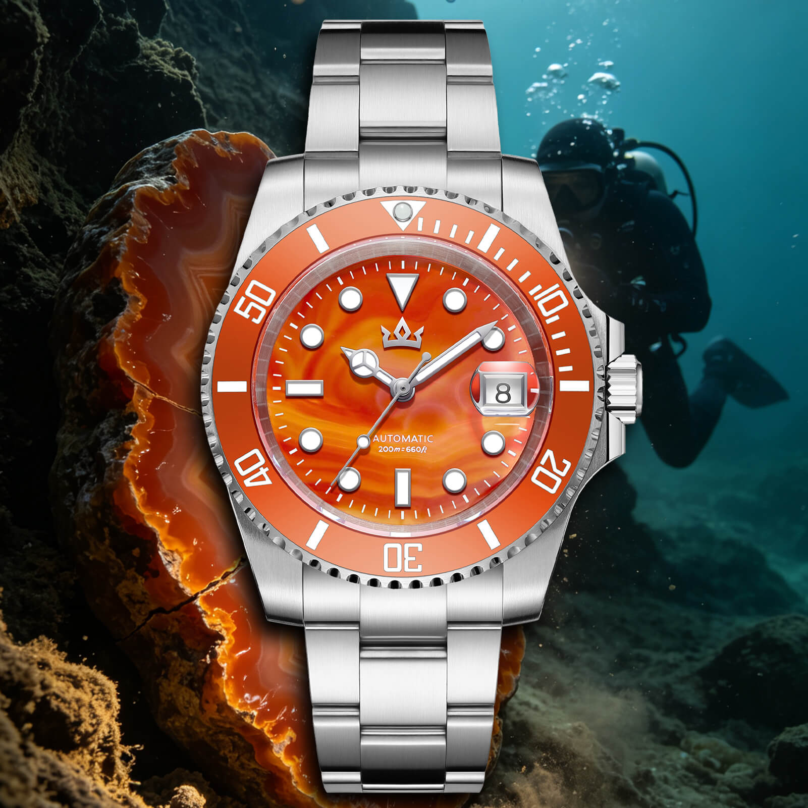 🔥Halloween Sale🔥AddiesKIN 40mm Sardonyx Stone Dial Ceramic Bezel ST2130 Luxury Automatic Dive Watch K012