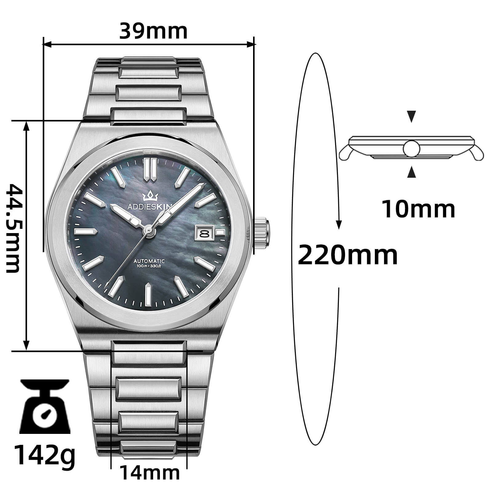 ★Xmas Sale★AddiesKIN 39mm MOP Dial Miyota 9015 Men’s Watch K008