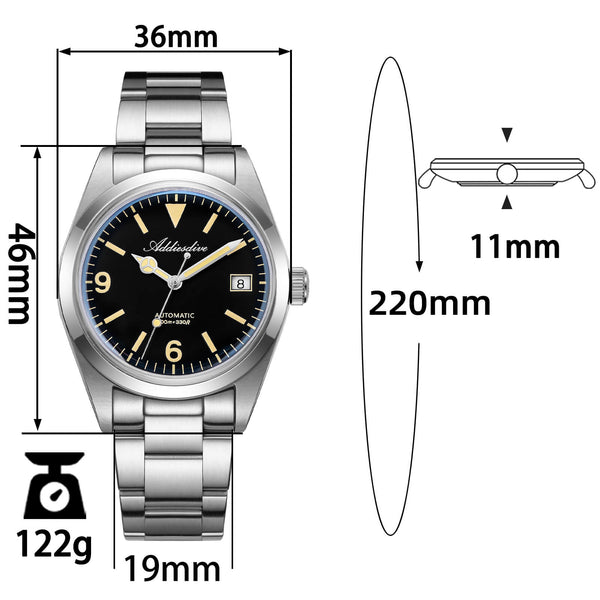ADDIESDIVE 36mm ST2130 Automatic Explorer Style Sapphire Bubble Crystal Watch AD2556