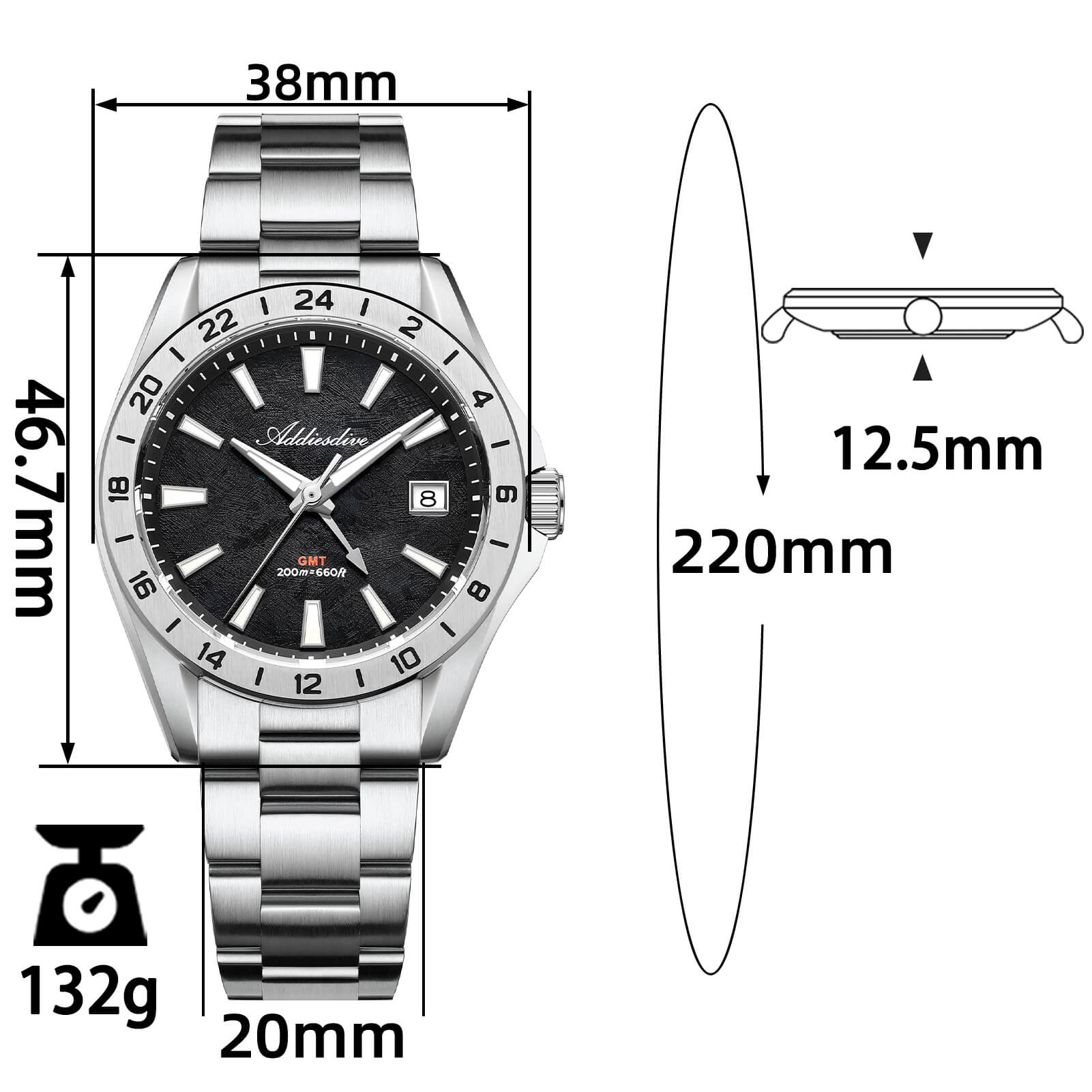 ADDIESDIVE 38mm GMT Quartz Watch RONDA515 Movement（AD2548）