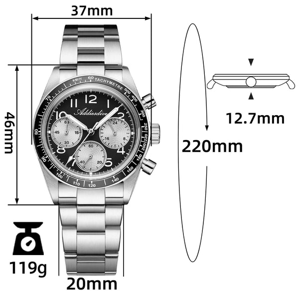 ★India Warehouse★ADDIESDIVE 37mm VK63 Triple-Register Chronograph Watch AD2517