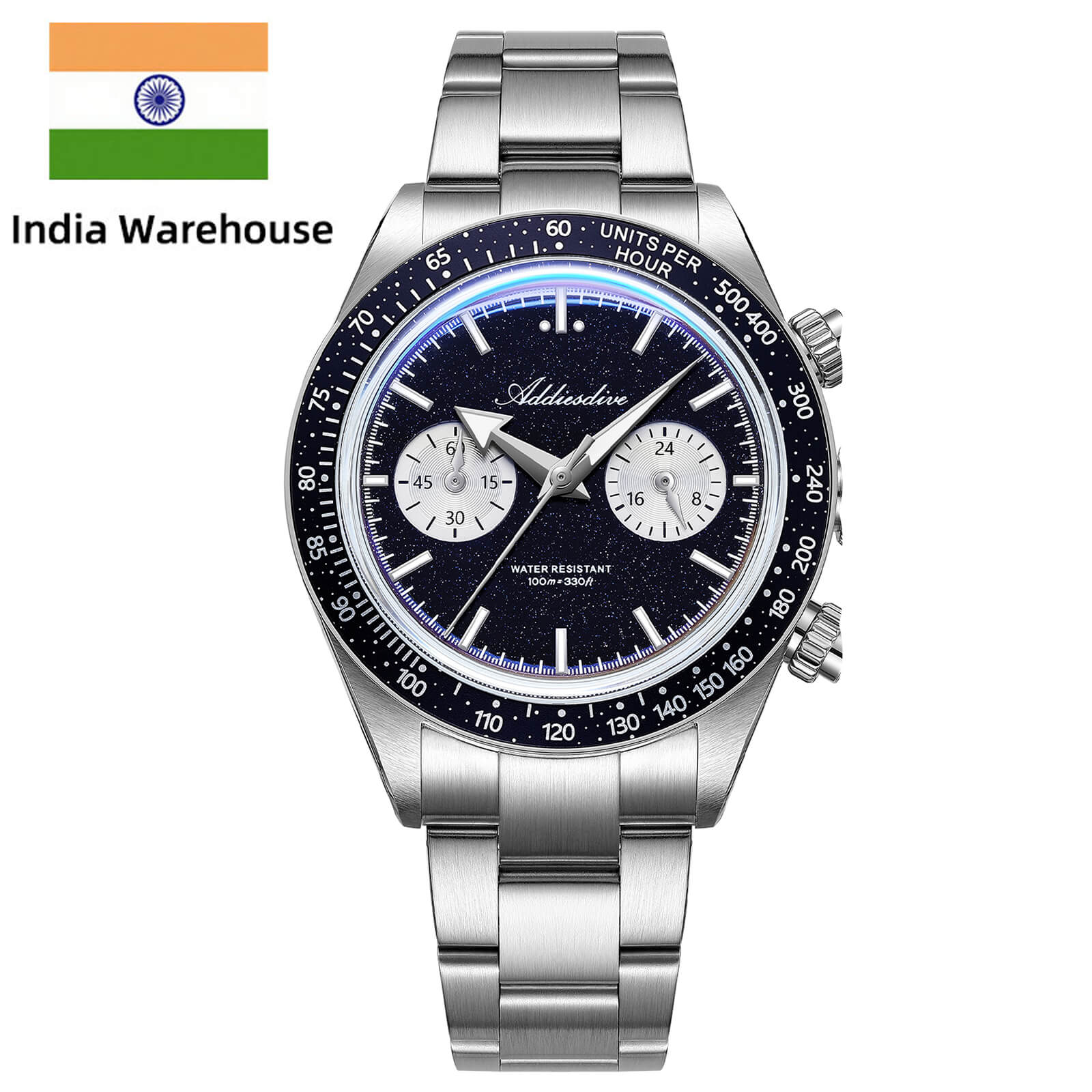 ★India Warehouse★ADDIESDIVE 40mm Blue Goldstone Dial VK64 Chronograph Watch AD2558