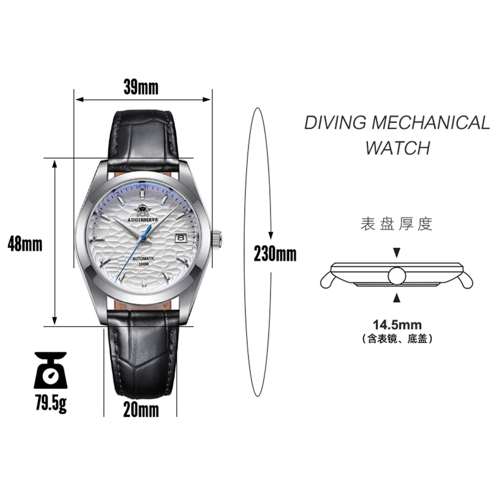 ADDIESDIVE Men's Stainless Steel White Dial  with Black Leather Strap AD2118